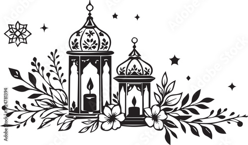 Beautiful black and white vector illustration featuring two ornate Arabian lanterns adorned with blooming flowers and stars