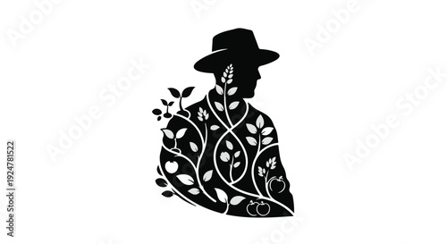Silhouette of a person wearing a hat with plants and fruits growing from them, symbolizing nature and growth.