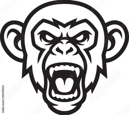 A fierce chimpanzee's illustration of its head, showcasing an enraged facial expression with bared teeth, symbolizing raw strength. 