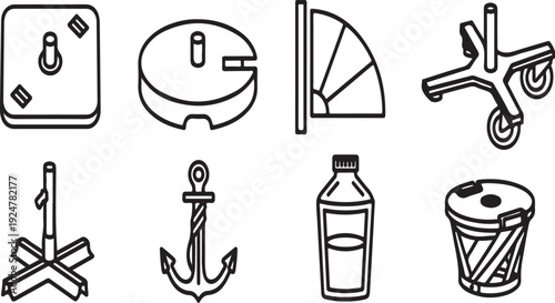 Assorted objects including a bolt, washer, angle finder, pliers, and more Vector