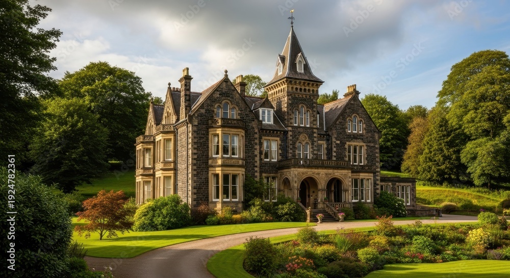 Obraz premium Majestic Scottish Mansion Amidst Lush Greenery and Cloudy Skies.