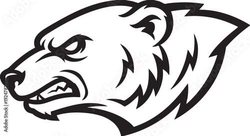 An illustration of an aggressive bear face, showcasing bold linework and fierce determination, an icon of wilderness and power.