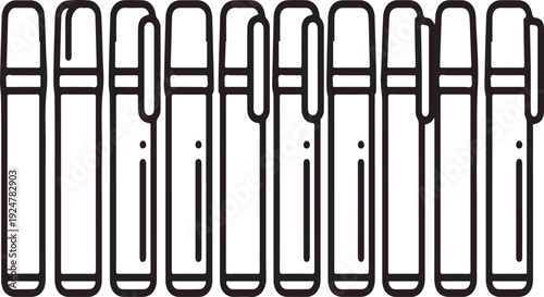 A collection of ten different types of pens lined up in a row. Vector