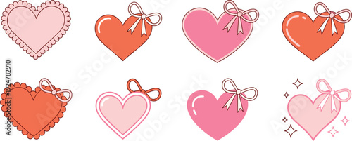 Set of cute pink and red heart icons with ribbons bows and sparkles for valentines day wedding invitations and romantic designs