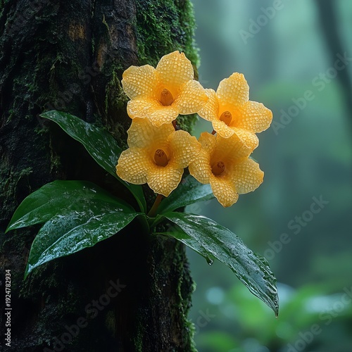 Wallpaper Mural Beautiful Golden Dendrobium Orchid Clinging to Tree Bark Torontodigital.ca