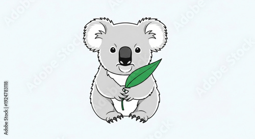 Cute koala bear holding green leaf sitting and looking forward with big ears and nose on white background