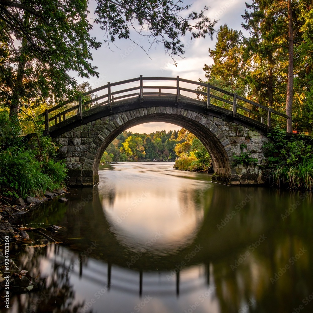Obraz premium Picturesque Stone Bridge Spanning a Serene River Amidst Lush Greenery and Reflections.