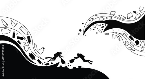 Divers collecting plastic waste from the ocean, highlighting environmental pollution and conservation efforts.