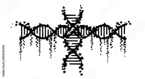 Abstract cross shape formed from DNA strands with falling particles, symbolizing life and science.