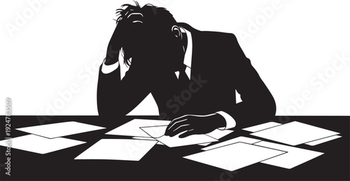 Stressed man with papers on desk vector silhouette illustration line art isolated design