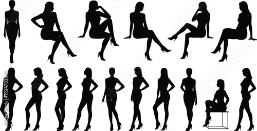 Set of black fashion model silhouettes in various of black fashion model silhouettes in various figure 