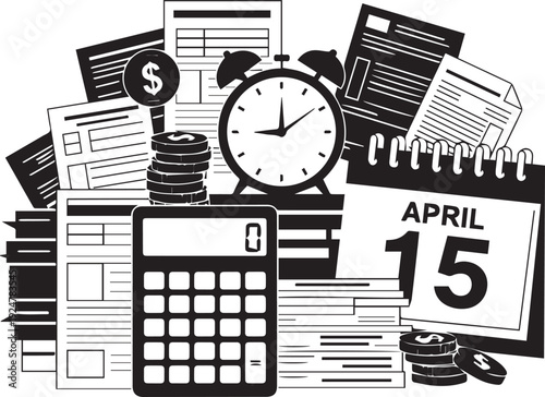 Tax season concept with calculator coins clock papers and april fifteen calendar vector