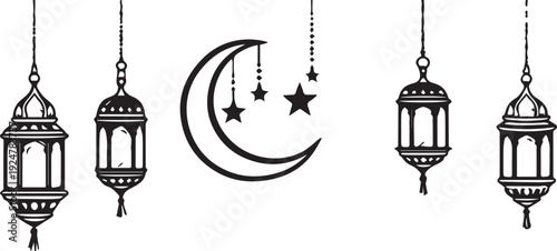 Black and white graphic illustration featuring traditional hanging lanterns flanking a crescent moon with stars for Islamic celebration design