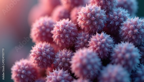 Macro view of fuzzy pink spheres with frost like particles against a blurred background with soft pink and blue