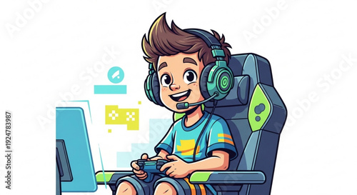 Young gamer wearing headset playing video games on computer with controller sitting in chair