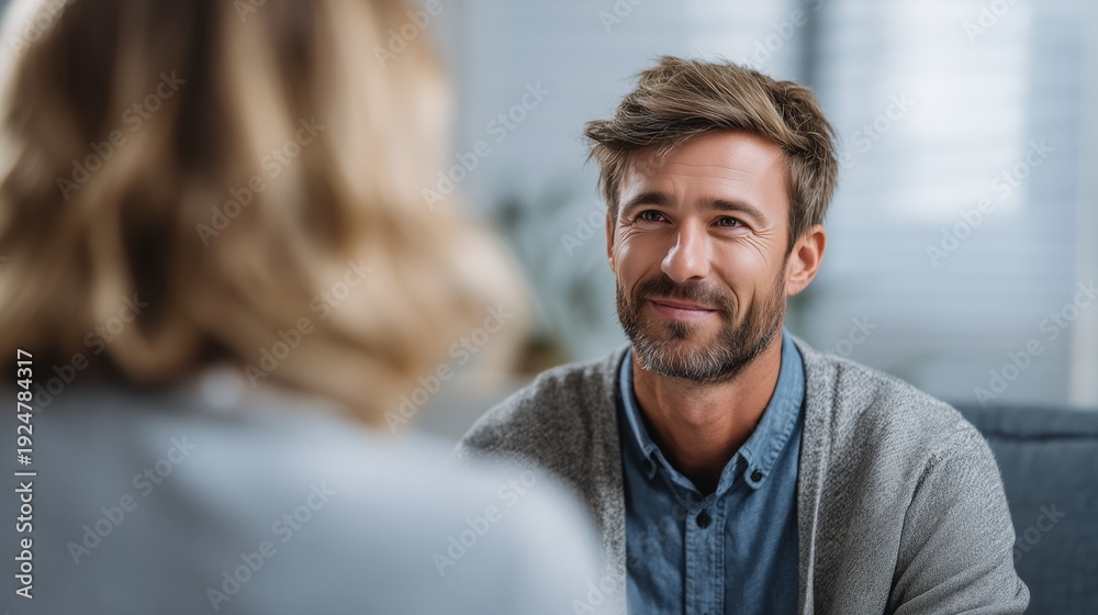 Fototapeta premium Empathetic male therapist engaging with diverse patient in modern clinic