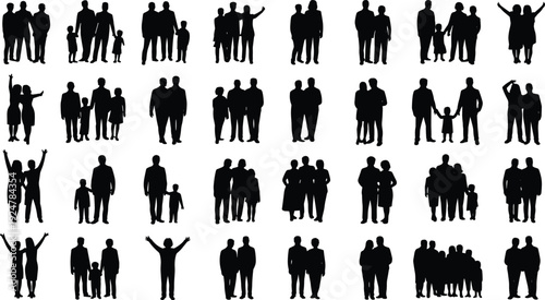 Black silhouettes of diverse families, couples, and groups of people standing in various poses, isolated on a white background vector. (20 words)