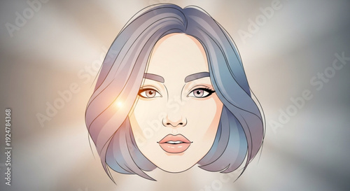 Woman with blue hair and neutral expression looking forward illustration with soft lighting and blurred background