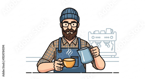 Barista man in apron holding steaming cup and jug behind coffee shop counter with espresso machine