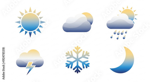 Weather icons set with sun clouds rain snow lightning and moon phases for forecasting and climate symbols