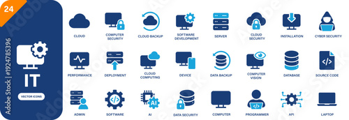IT icon. Including server, technology, installation, database, software development. Solid vector icon set.