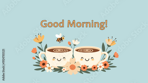 Two cute coffee cups with smiling faces surrounded by flowers and a small bee under a good morning message banner.