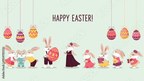 Group of cute bunnies dressed in clothes celebrating Easter with colorful eggs and gift boxes hanging from above.