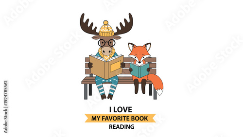 Moose and fox sitting together on a wooden park bench while quietly reading their favorite illustrated storybooks.