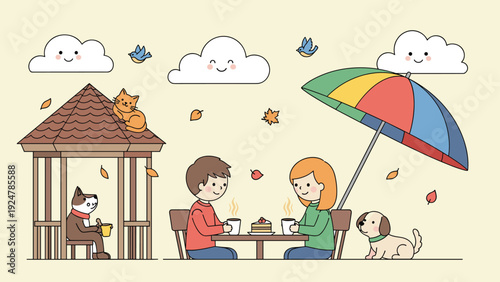 Young couple enjoying a picnic with their dog and cat at a park table under a colorful umbrella during the autumn.