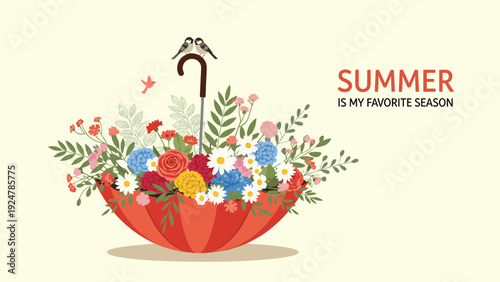 Red umbrella serves as a unique planter for a beautiful arrangement of colorful summer flowers with two birds on top.