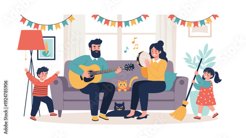 Parents play guitar and tambourine while their children dance and help clean in a cozy and festive decorated living room.