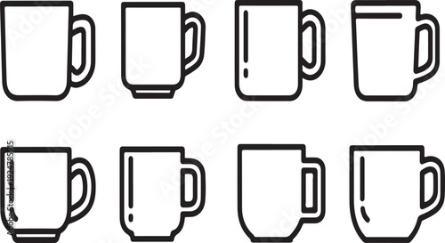 An assortment of various cup designs and orientations in a linear arrangement Vector