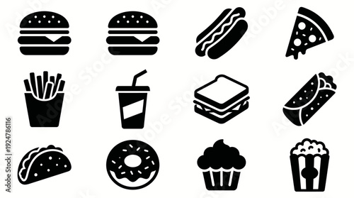 A modern icon set featuring various food items including burgers, fries, and desserts in a clean and simple design
