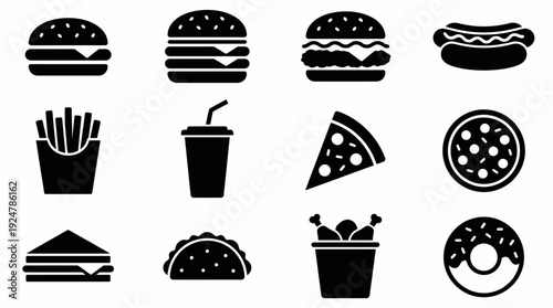 A set of icons featuring fast food items including burgers, fries, and desserts in a simple black and white design.