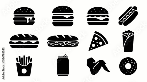 A modern icon set featuring various fast food illustrations, including burgers, pizza, and fries, in a grid layout.