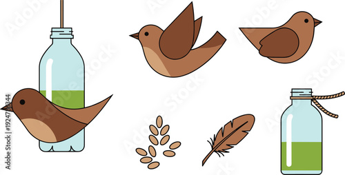 Brown Sparrow Bird Vector Set with Glass Bottle Feeder Feather and Grain Seeds for Wildlife and Nature Conservation