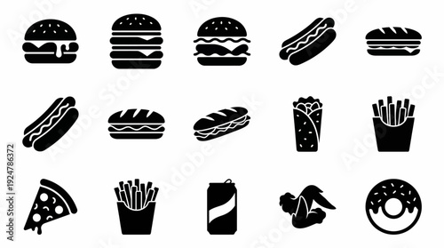A set of icons representing various fast food items including burgers, fries, and desserts.
