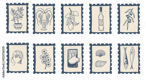 Decorative postage stamps inspired by southern European cuisine and coastal lifestyle. Suitable for food branding and travel visuals.
