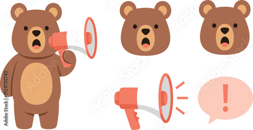 Cute Bear Character Vector Set Holding Megaphone with Surprised Face Icons and Speech Bubble Isolated on White Background