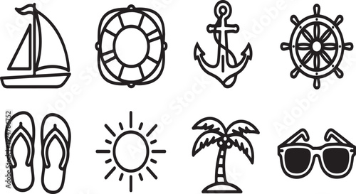 A collection of nautical and beach-themed icons including a sailboat, flippers, and sunglasses Vector