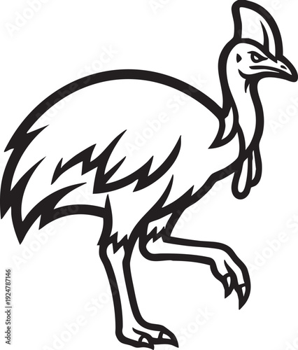A solitary Cassowary is depicted in a bold black outline, showcasing its distinctive features, a symbol of wildlife in its purest form.