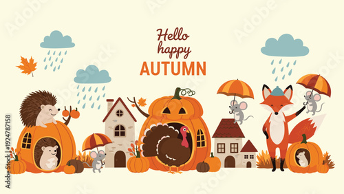 Cheerful autumn scene features a fox, hedgehog, and mice living in pumpkin houses during a rainy and cloudy fall day.