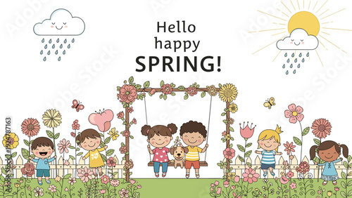 Happy children play on a swing and run among colorful flowers in a beautiful garden on a bright and sunny spring day.