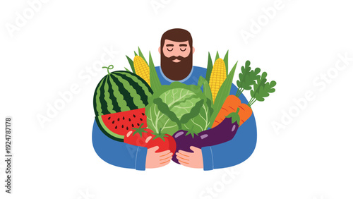 Bearded man proudly holds a massive bounty of fresh vegetables including watermelon, cabbage, carrots, and corn.