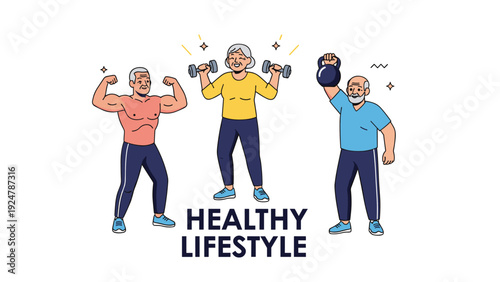 Three active senior citizens demonstrating a healthy lifestyle by lifting dumbbells and kettlebells with confidence.