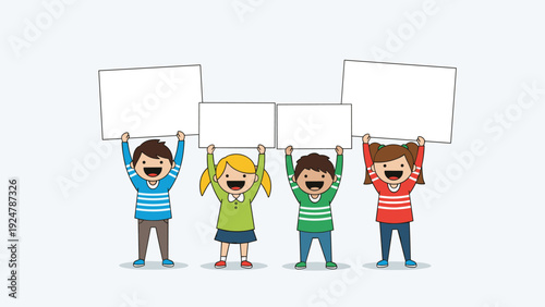 Four happy children stand together holding up large blank white signs for custom messages or special announcements.