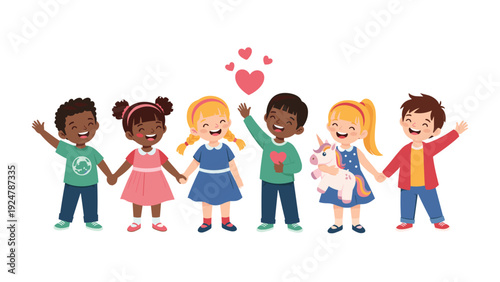 Group of diverse children hold hands and wave happily together while one young girl cuddles a magical toy unicorn.