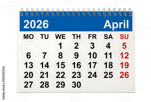 Calendar page for april 2026 showing month and days of week with weekend highlighted in red and transparent background with subtle checkered pattern for easy compositing