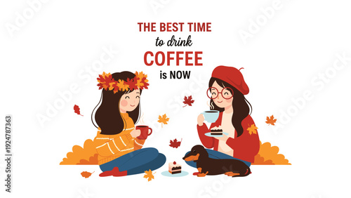 Two young women enjoy hot coffee and cake while sitting outdoors among falling autumn leaves with a pet dog.