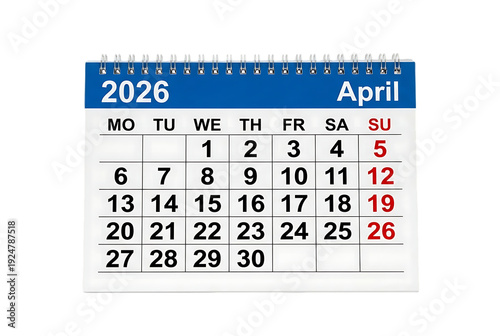 Calendar page for april 2026 showing month and days of week with weekend highlighted in red and transparent background with subtle checkered pattern for easy compositing